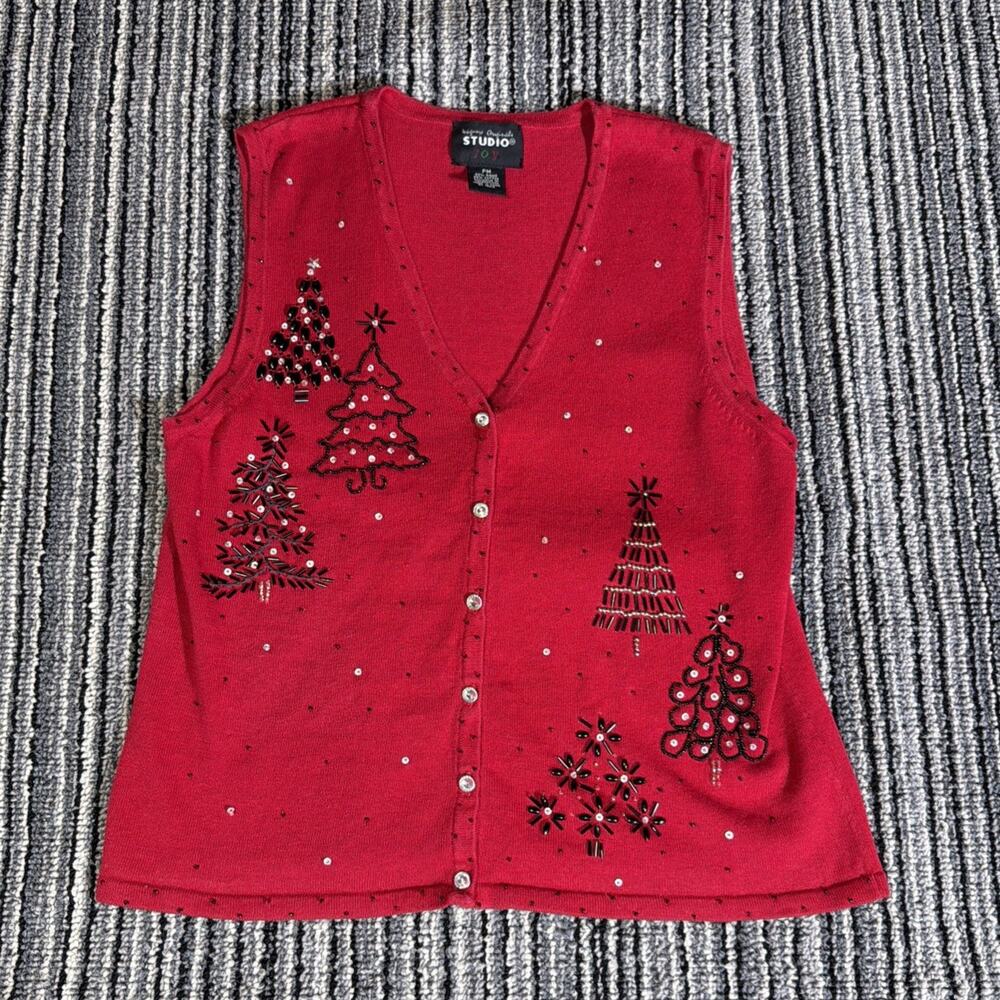 Vtg Designers Originals Studio Joy Vest Christmas Tree Red Knit Buttons Sz PM